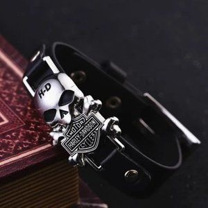 Ladies Black Leather Strap Harley Davidson Skull Bracelet Biker Jewelry …